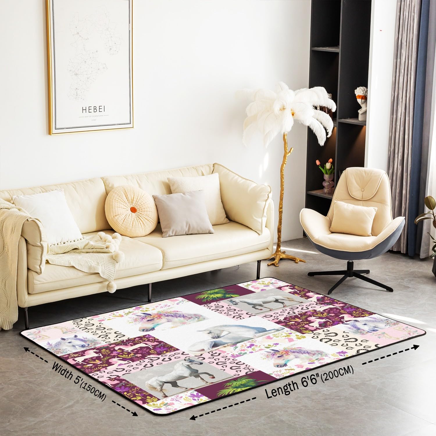 Loussiesd Alfombra decorativa con diseño de caballo, 150 x 200 cm, diseño de flores, para interiores y niñas, diseño de herradura occidental, alfombra decorativa para sala de estar
