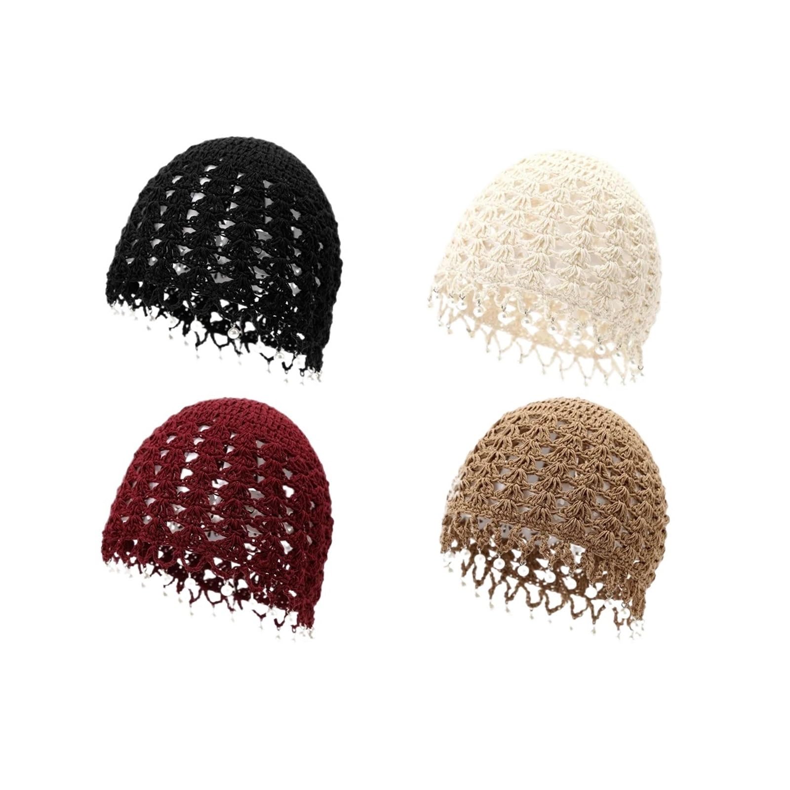 SommermüTze Damen 1pc Koreanische Retro Perle Quaste Hohl Beanies Caps for Frauen, Sommer Handgemachte Häkeln Reise Atmungsaktive Pullover Hüte Zubehör
