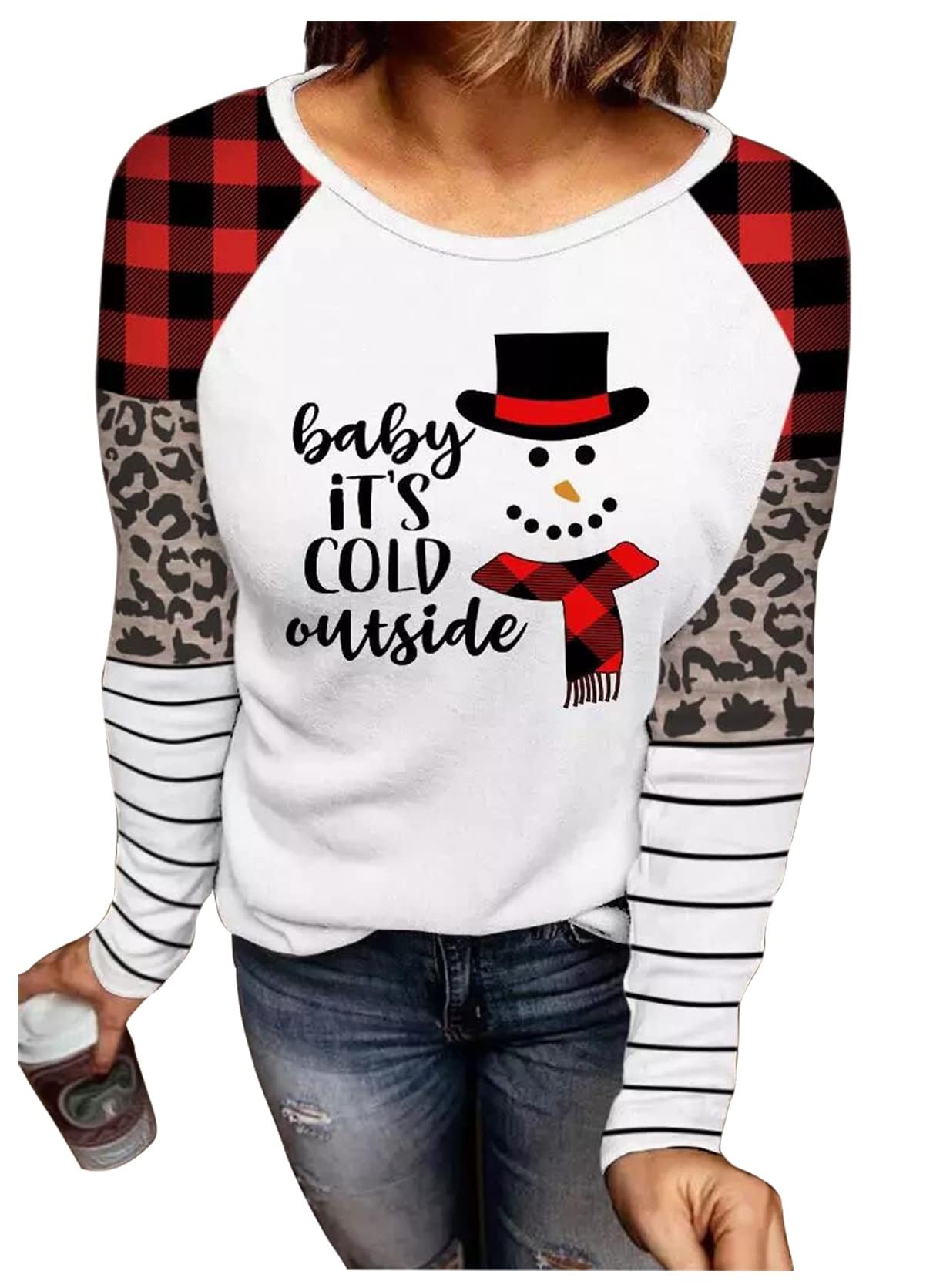 Christmas Snowman Snowflake Leopard Striped T-Shirt Women Cute Graphic Long Sleeve Casual Tunics Tops