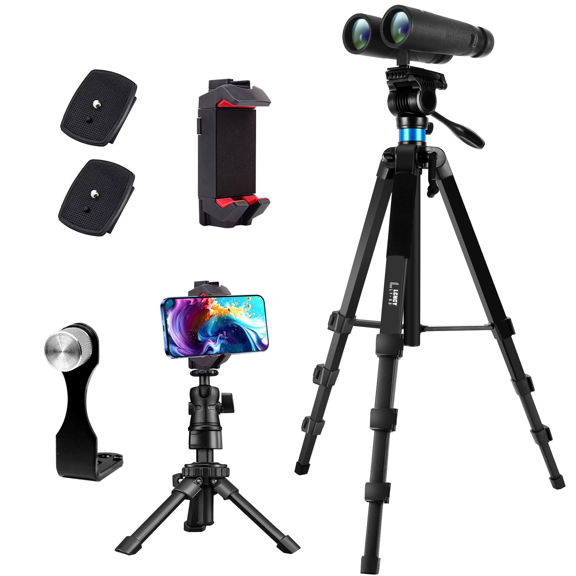 Treppiede per Binocolo, Alluminio [173 cm + 25 cm] Telescopio Treppiede, con Adattatore Binocolo, 2 Piastre Sgancio Rapido, Supporto per Smartphone/iPad