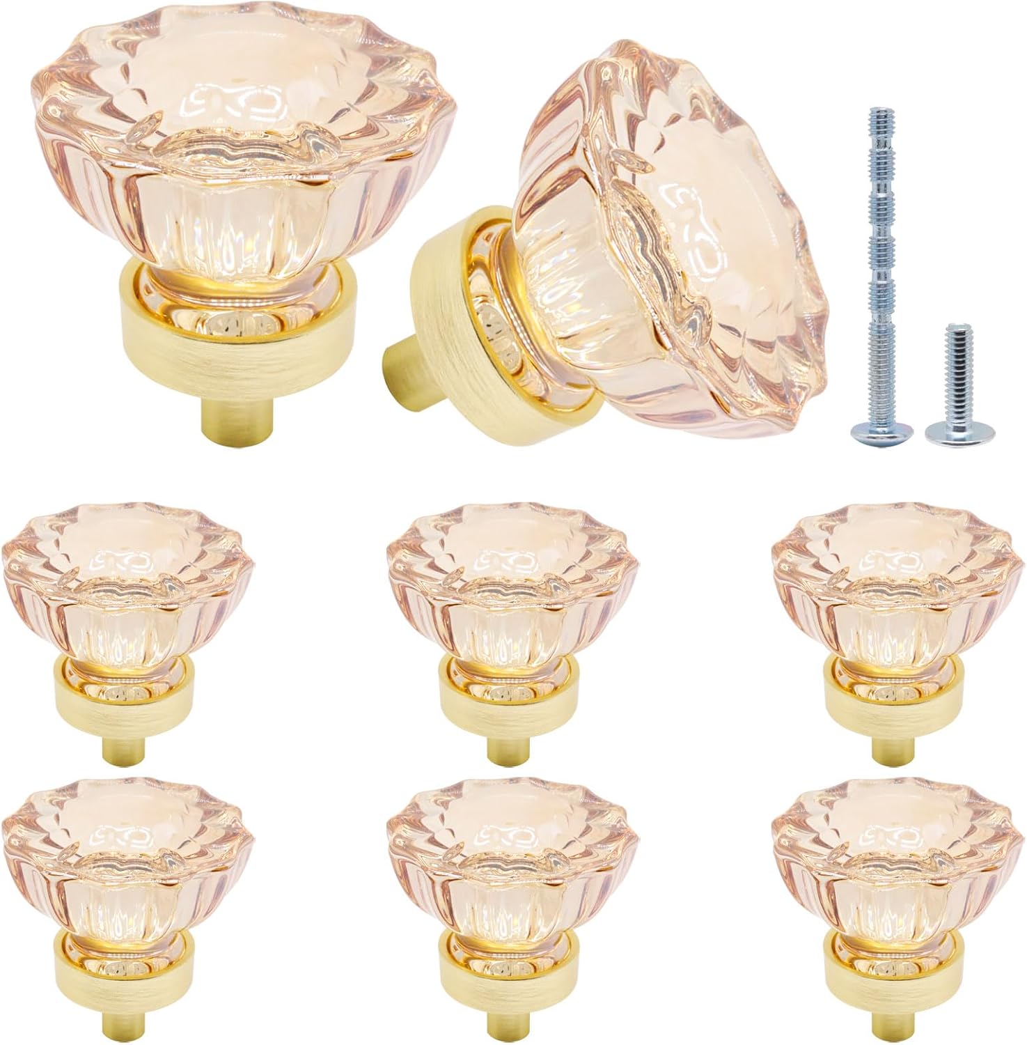 8pcs Cabinet Knobs, Glass Knobs for Cabinets Dia. 1.4" Crystal Knobs for Dresser Gold Cabinet Pulls Furniture Dresser Knobs Glass Drawer Knobs Handles for Bathroom Kitchen (Flower, Champagne)
