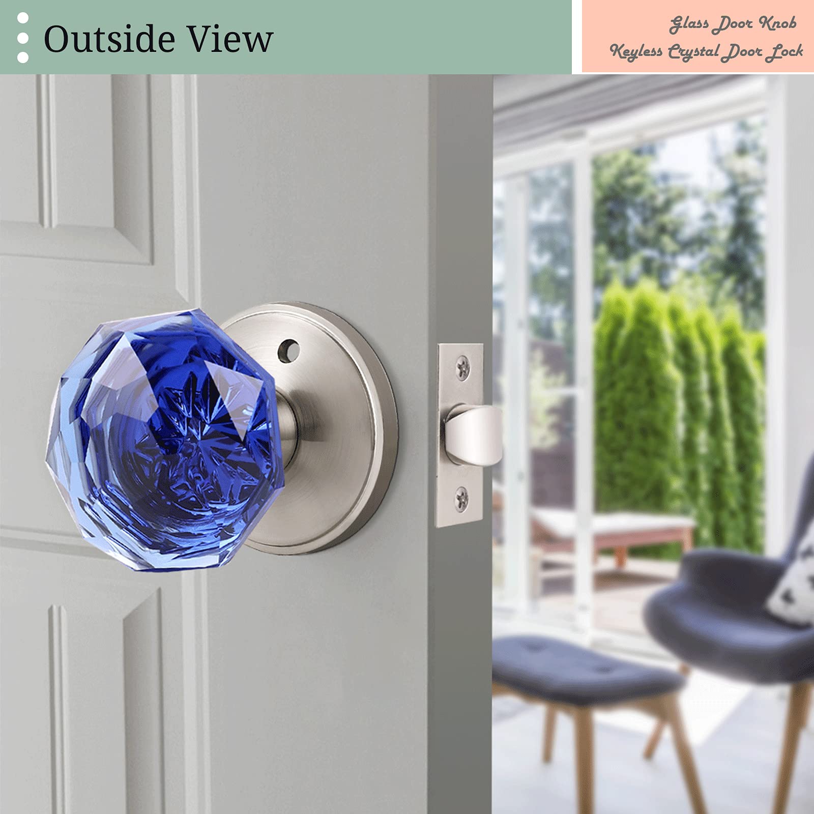 NIZADO Privacy Door Knobs Blue,Interior Glass Door Knob,Keyless Crystal Doorknob with Lock(Bedroom/Bathroom)