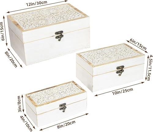 Miniatura 2 de Juego de 3 cajas decorativas de madera, caja de recuerdo rústica con tapa con bisagras y diseño floral tallado, caja de almacenamiento de madera
