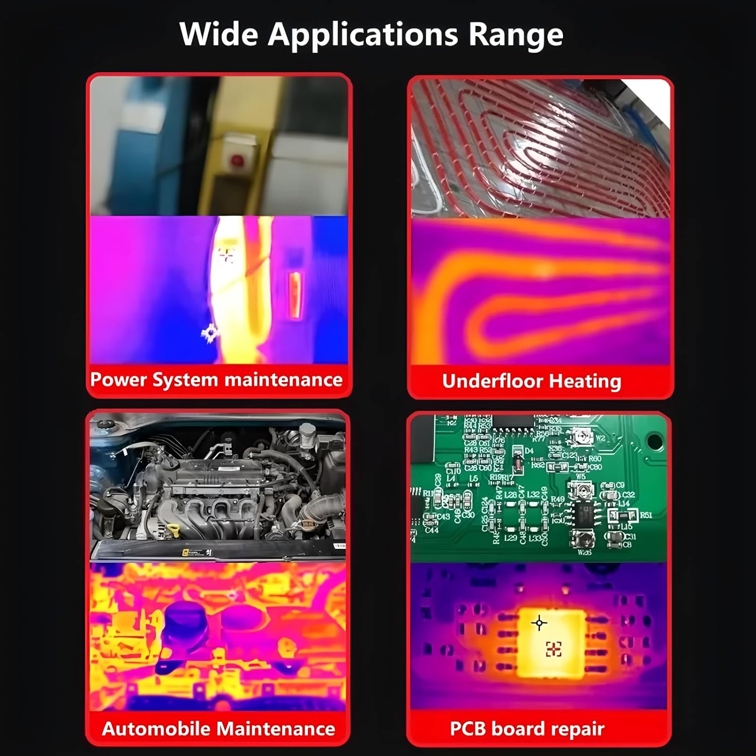 Four thermal images demonstrating the wide application range of the TOOLTOP ET14S: power system maintenance, underfloor heating, automobile maintenance, and PCB board repair