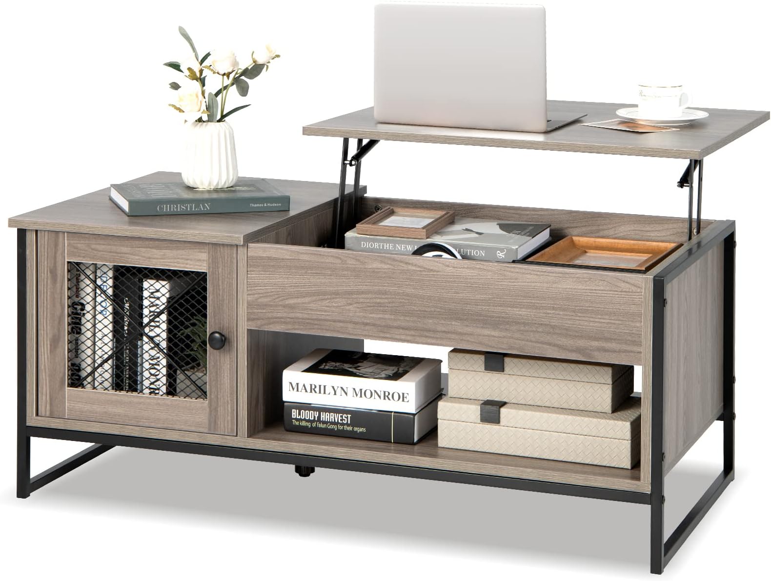 COSTWAY Table Basse Relevable Noir - Table De Salon Avec Rangement Caché, Compartiments Ouverts Et Levage Pneumatique Pour Salon, Bureau Et Chambre
