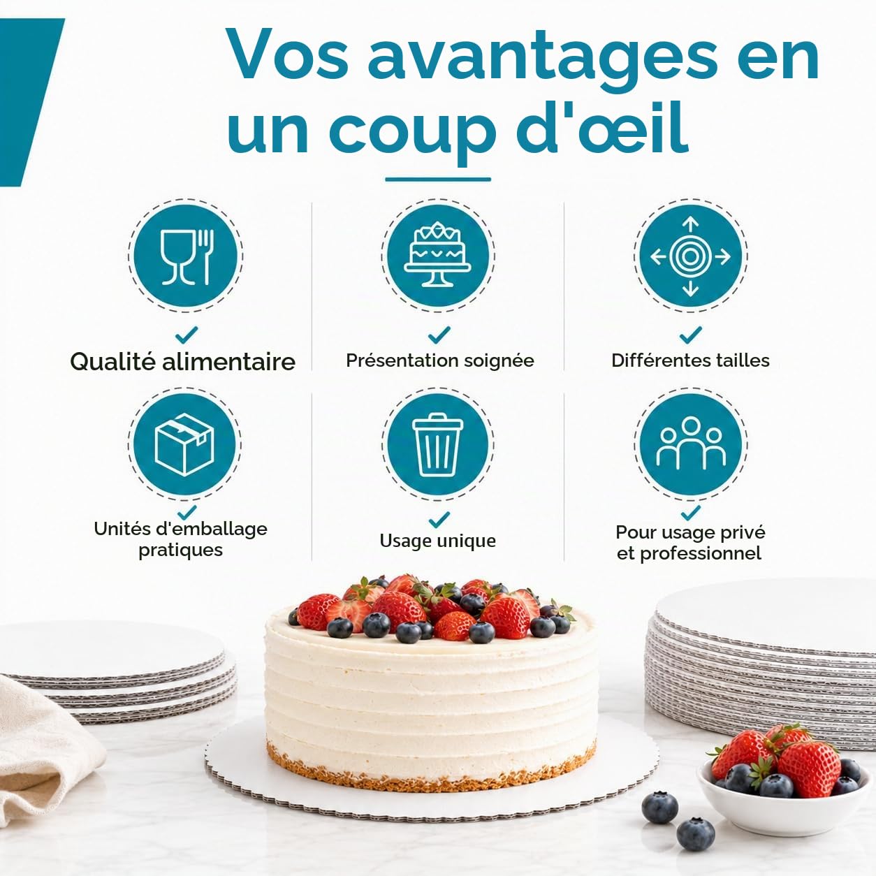 Commerline 100 Pièces Supports à Gâteau | Ronds, Ø 32 cm | Blancs | Carton Épais | Jetables | Tartes et Cheesecakes | Présentation Professionnelle | pour Gâteaux, Fêtes et Horeca