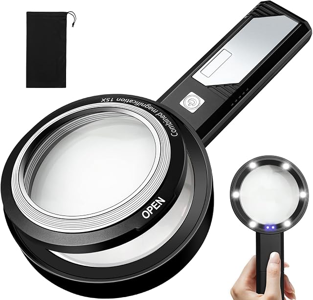 Magnifying Glass with Light 6X 9X15X Combined Illuminated Magnifier 6 LED/ 2 Purple Lighted Magnifier with Dual-Lens, Detachable Handheld Magnifying Glass For Reading,Seniors,Hobbies, Crafts