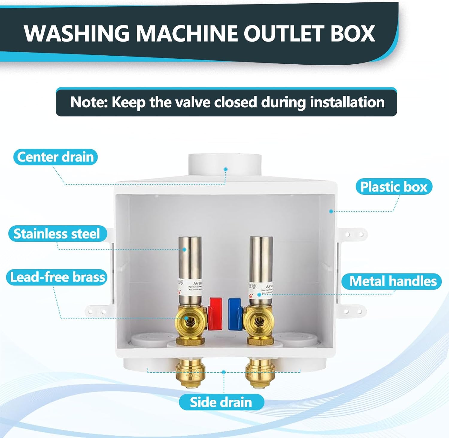Washing Machine Outlet Box, Double Drains, 1/2 Inch Push-Fit Inlet x 3/4 Inch MHT Outlet Connection, Laundry Washer Valve Outlet Box, with Stainless Steel Water Hammer Arrestor