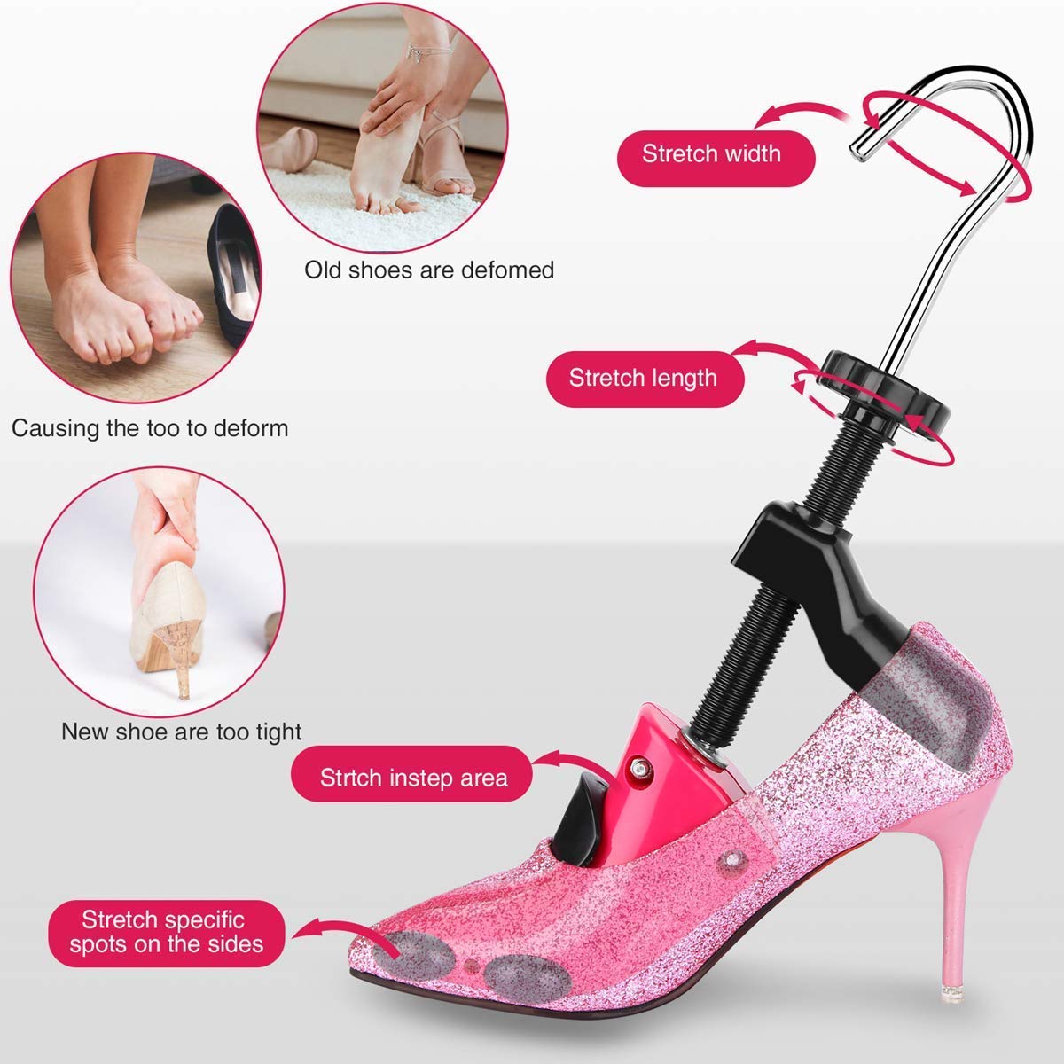 JJDPARTS Par de ensanchadores de zapatos Expansor de zapatos de 4 vías Ampliador de árbol de zapatos para pies anchos