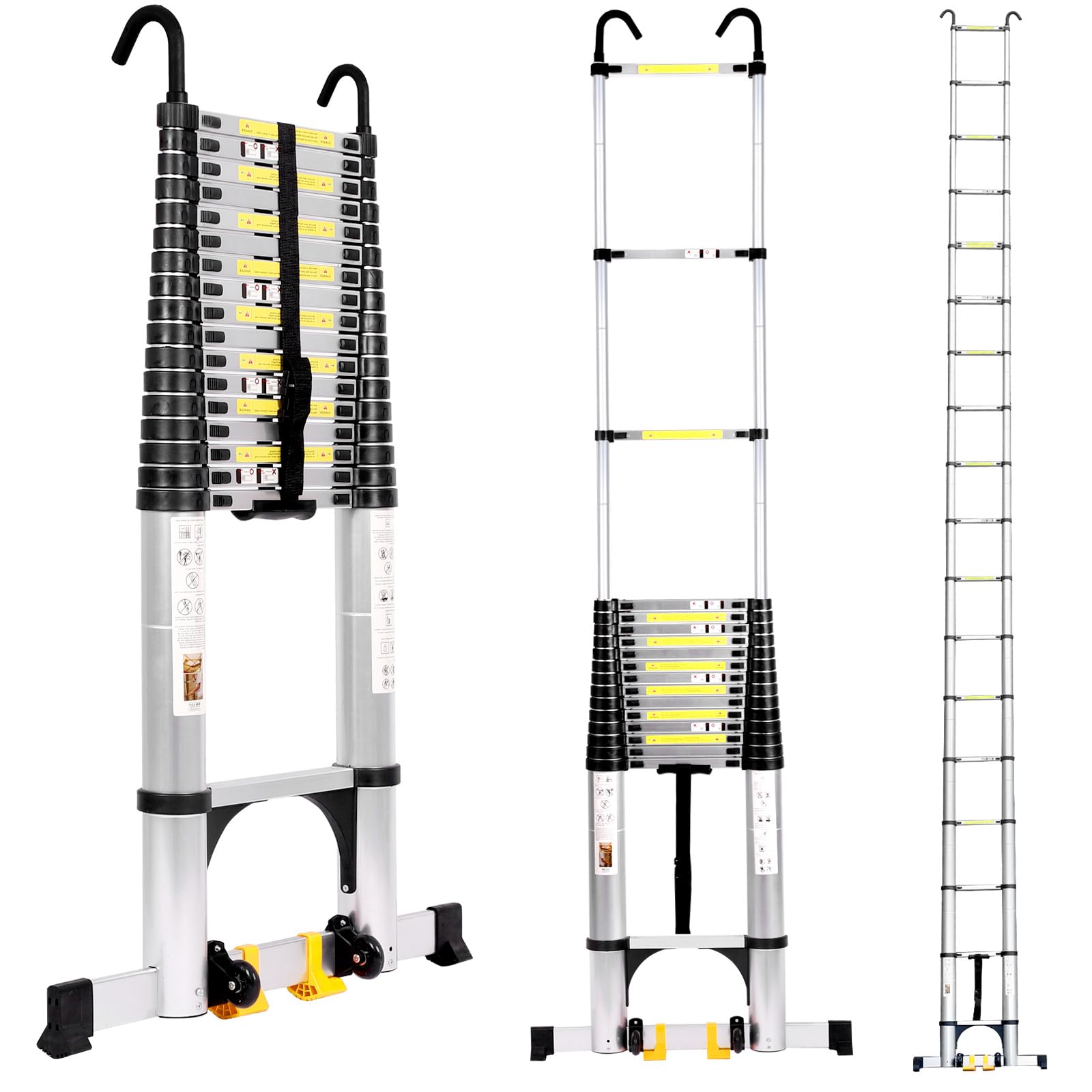 FEETE 26.2FT Telescoping Ladder, Aluminium Extension Ladder w/Triangle Stabilizers & Detachable Hooks, 330lbs Capacity Collapsible Ladder, Retractable Telescopic Ladder for Home, Outdoor