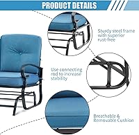 Vista 2 de Banco de Patio, Columpio Deslizante de Porche Sofá de Dos Plazas Mecedora para Exteriores, Silla de Marco de Acero con Cojín Grueso (Azul Pavo Real)