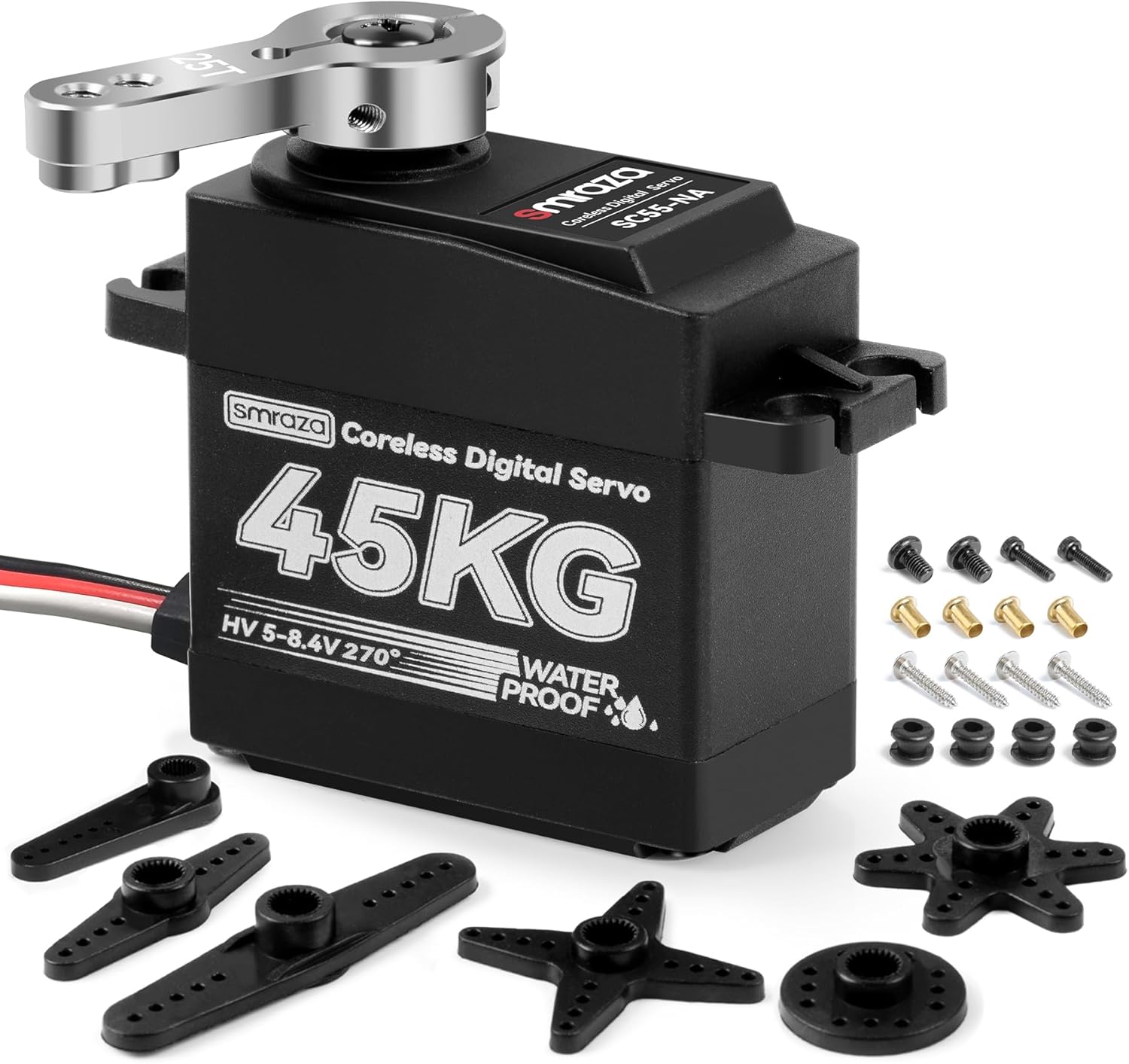 Smraza 45KG Coreless Servo Motor High Torque Steering: 2pcs 8.4V Waterproof Servo Digital Full Metal Gear Servo for RC 1/10 1/8 1/12 Scale Car Truck Crawler/Robot/Boat with 25T Servo Horn（180°×2）