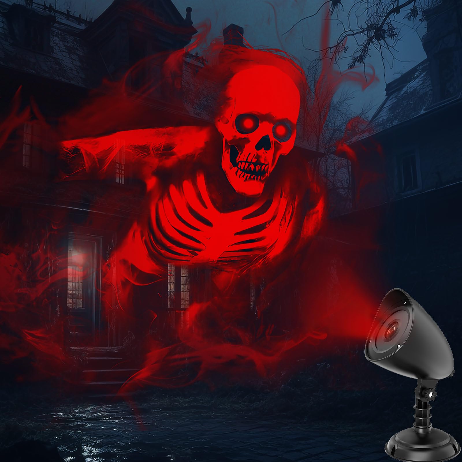 Halloween Projektor Lichter Outdoor, 3D Dynamische LED Roter Schädel Halloween Dekoration, Halloween Fenster Projektor Hologramm