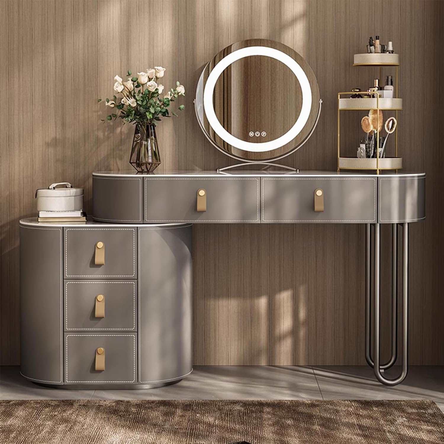Amazon.com: Rieort Vanity Desk Faux Saddle Leather Dressing Table with Intelligent Mirror Vanity Set 3 Colors Lighting 5 Drawers Makeup Table : Home & Kitchen Amazon.com: Rieort Vanity Desk Faux Saddle Leather Dressing Table with Intelligent Mirror Vanity Set 3 Colors Lighting 5 Drawers Makeup Table : Home & Kitchen