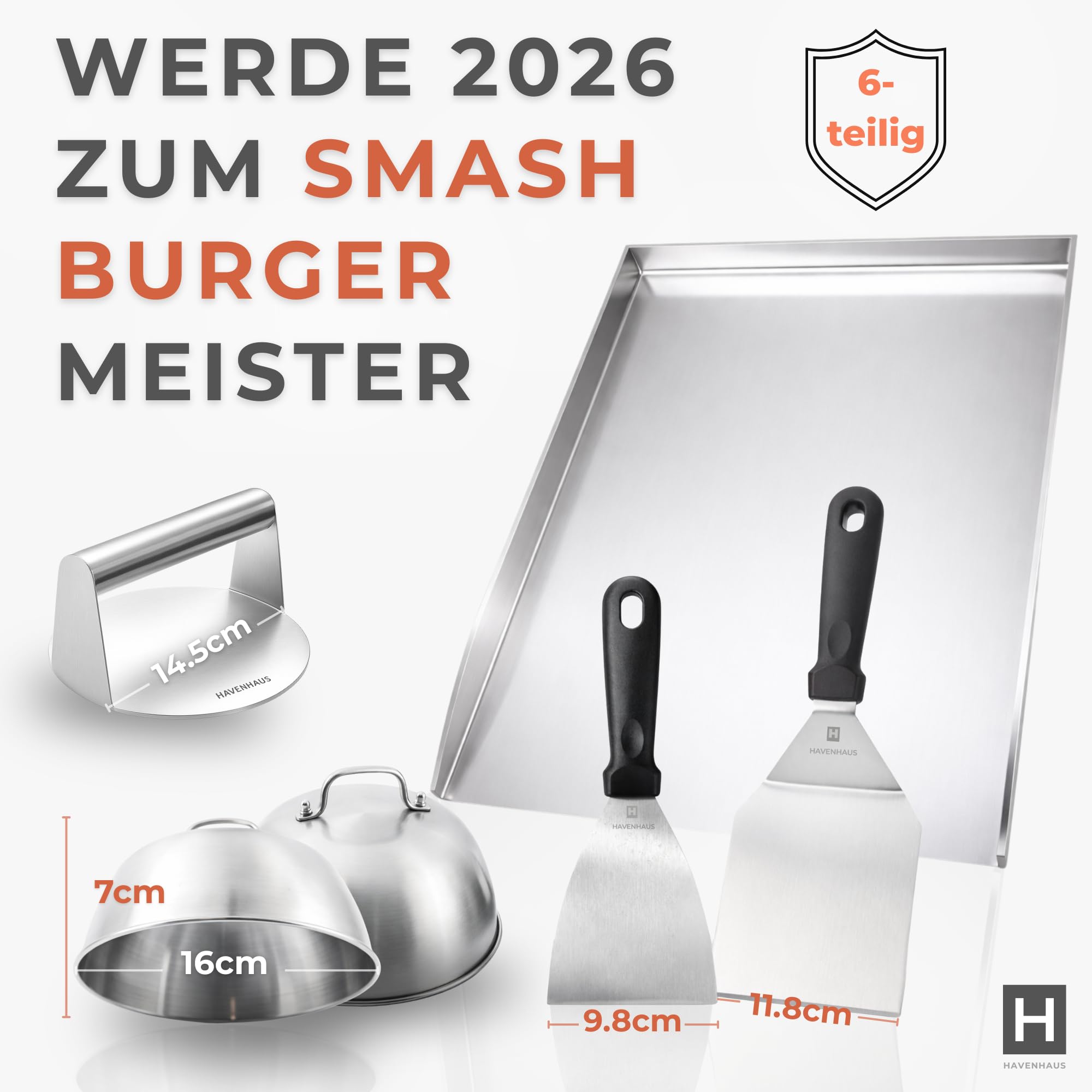 𝗛𝗔𝗩𝗘𝗡𝗛𝗔𝗨𝗦 Grillplatte Edelstahl [40x30cm] Set XXL mit umfassendem Smash Burger Zubehör | 6-teilig Premium Set Plancha, Burgerpresse, Burgerglocke& Grillspachtel I Smash Burger Set für Zuhause