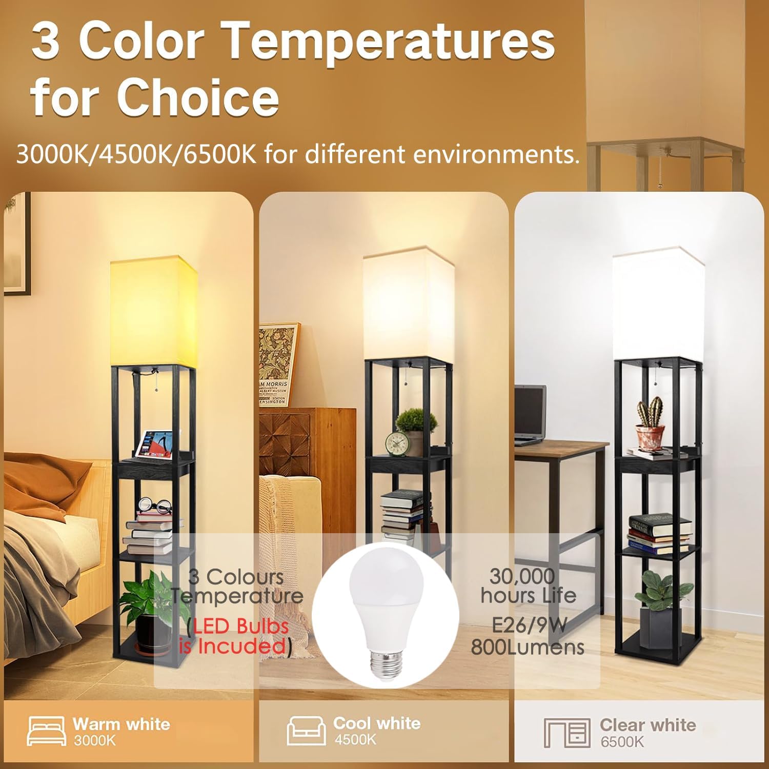 Shelf Floor Lamps for Living Room,Tall Standing Lamp with Shelves and Drawer,2 USB Charging Ports & 2 Power Outlet,Bright 3CCT LED Bulb Included - Black