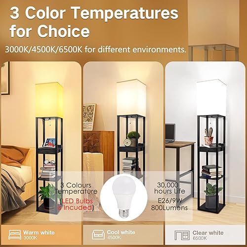 Miniatura 2 de Assemer Lámparas de pie para sala de estar, lámpara de pie alta con estantes y cajón, 2 puertos de carga USB y toma de corriente, bombilla LED