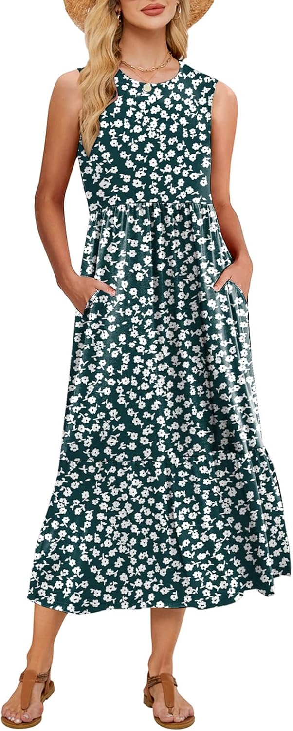 Gracyoga Women's Summer Maxi Dress 2025 Casual Sleeveless Crewneck Aline Flowy Tiered Long Beach Dresses with Pockets