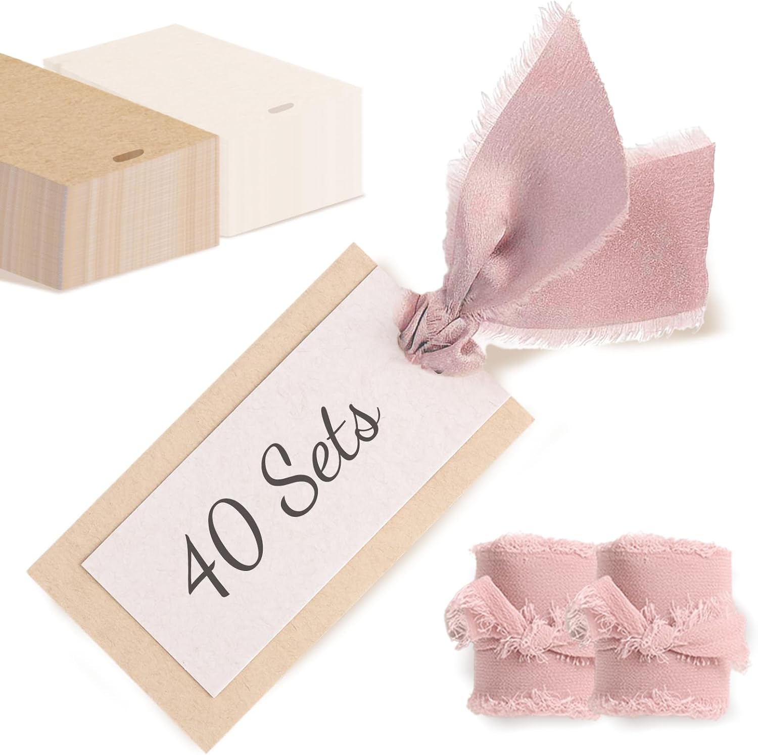 40 Pcs Name Place Cards for Table Setting, Wedding Place Cards with Dusty Pink Ribbon, 3.94" X 2.17" Blank Table Name Cards for Dinner Party Events, Hanging Gift Tags, Table Setting Supplies