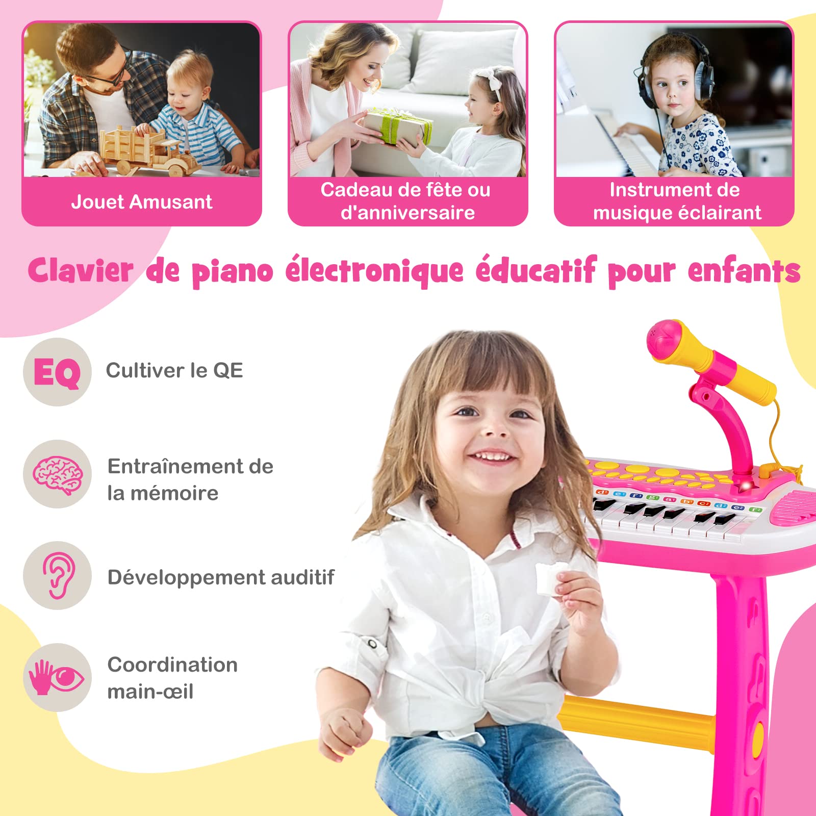 COSTWAY Clavier Piano Enfants 31 Touches avec Microphone et Tabouret,Piano Numérique avec Effets Lumineux,22 Démos,8 Volumes Réglables,8 Tonalités,7 Rythmes,Enfants 3 Ans+ (Rose)…