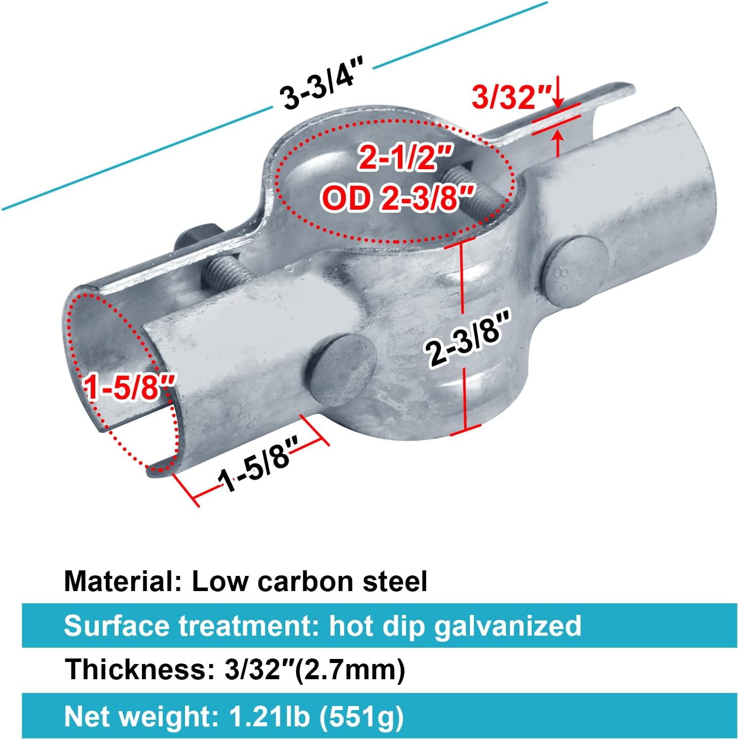 4 Pack 2-3/8" x 1-5/8" Line Rail Clamps, Chain Link Fence Part, Cross Grid Boulevard Pipe Fitting, 3/32" Thick