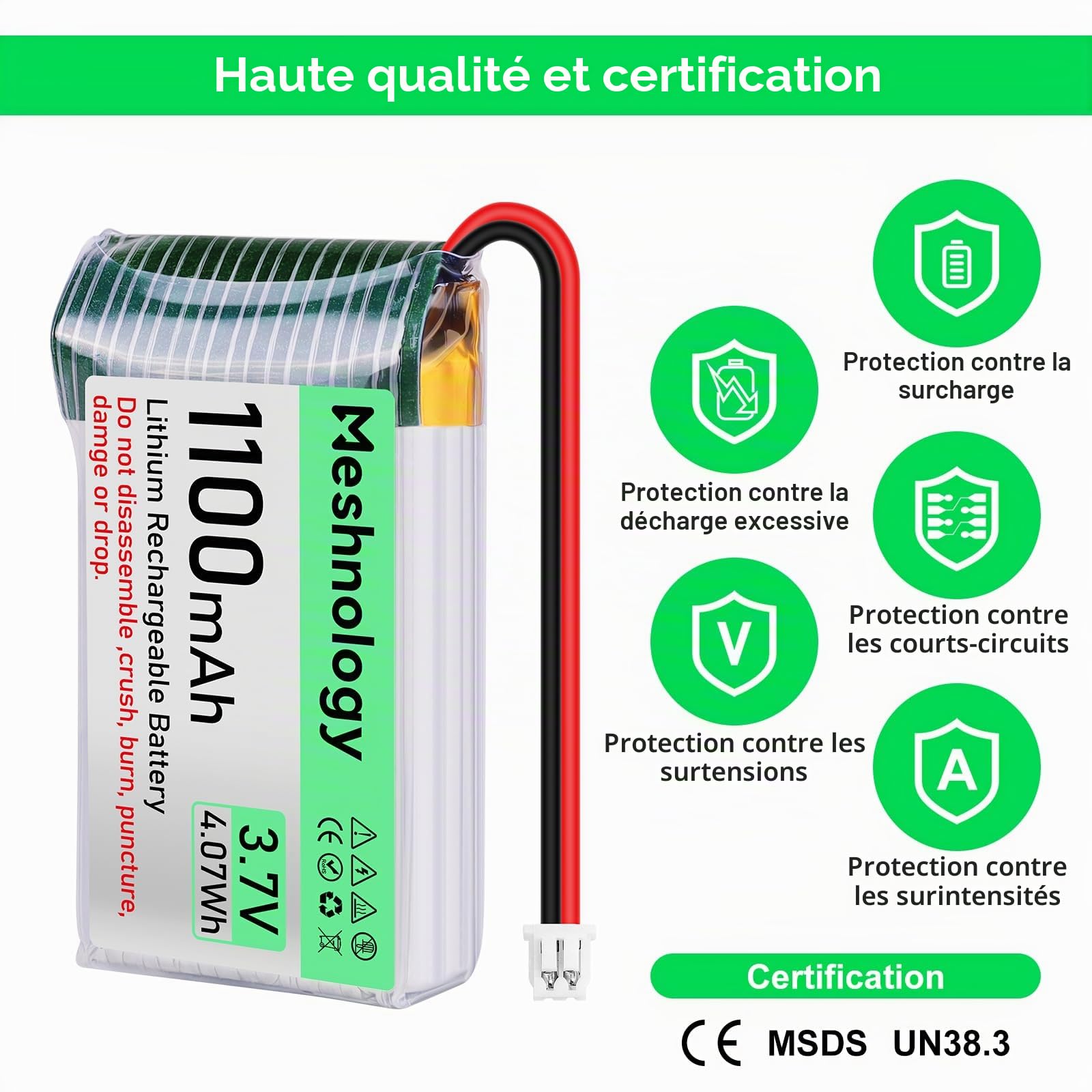 Lot de 4 batteries LiPo 3,7 V 1100 mAh avec câble de charge USB 102540 1S avec panneau de protection, ruban en caoutchouc isolé et prise micro JST 1,25 pour Arduino ESP32 Module Board Drone