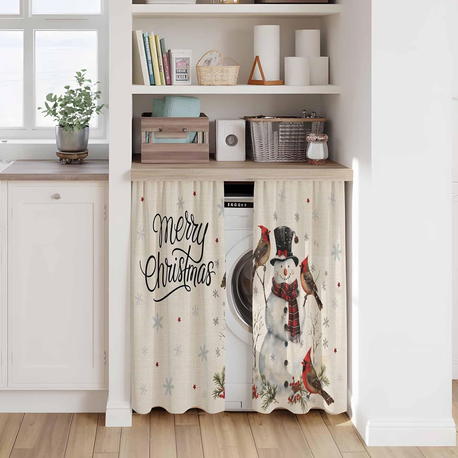 Christmas Snowman Kitchen Tier Curtains 45 Inch Long 2 Panel Set,Rod Pocket Short Window Treatment,Winter Xmas Snowflakes Cardinal on Linen Curtains & Drapes for Bathroom Basement 27.5"W x 45"L