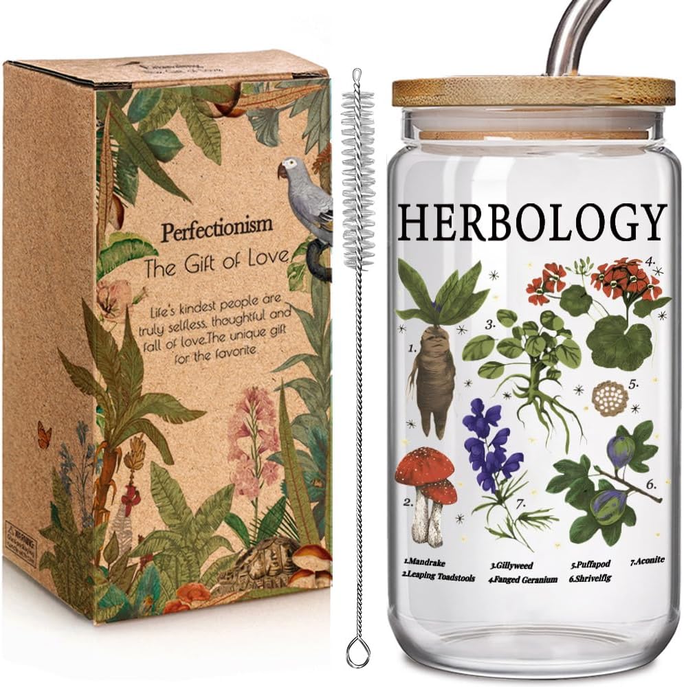 Herbology Witch Glass Cup Christmas Gifts for Plant Lover 16 oz Glass Cup with Lids and Straws, Witch Gifts, Cute Magical Plants Botanical Iced Coffee Cups, Witchy Gift for Women, Friends
