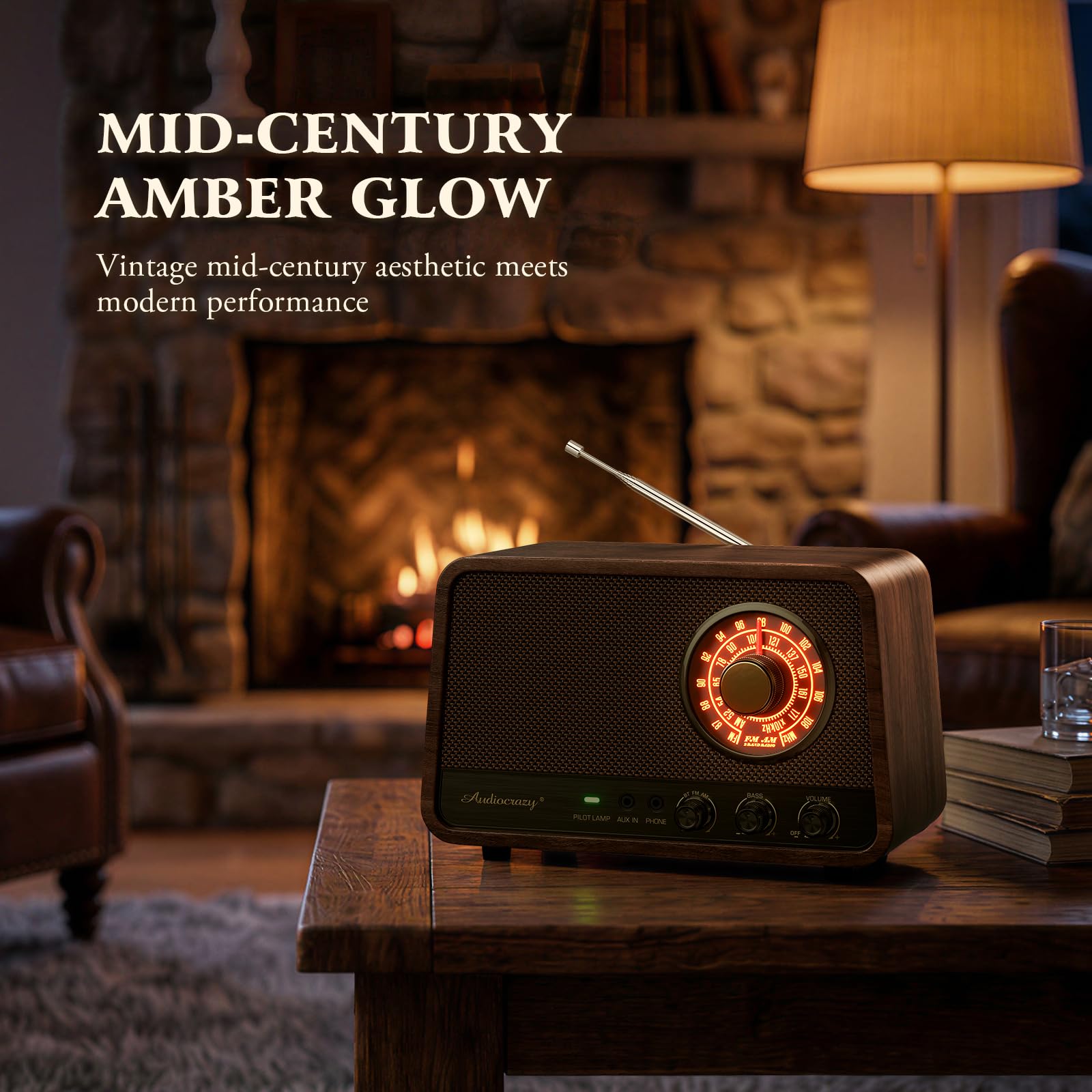 Radio Bluetooth AM FM vintage en bois avec son puissant de 10 W, haut-parleur Bluetooth rétro avec cadran ambré, contrôle des basses, entrée auxiliaire, prise casque, pour