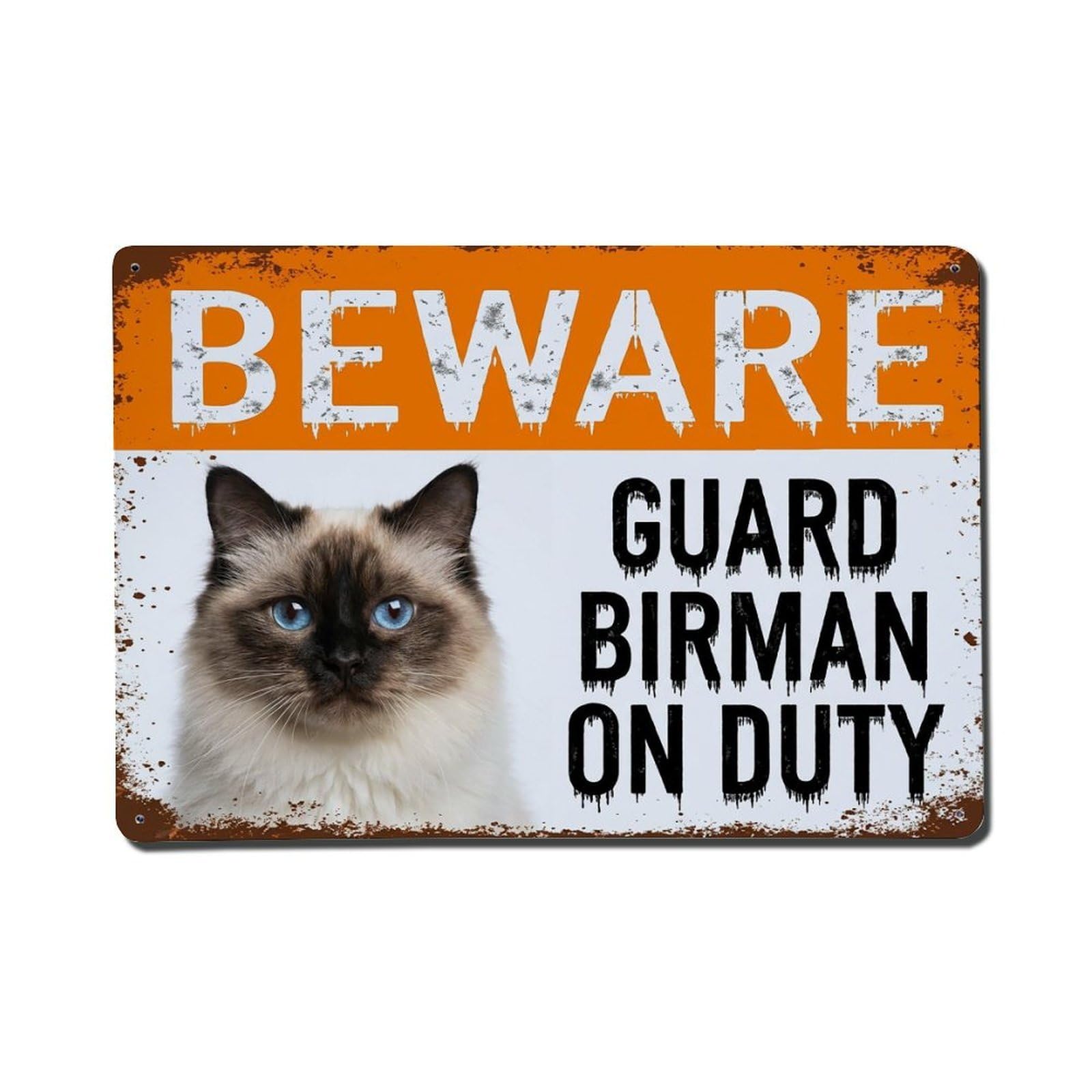 Vintage Funny Birman Guard Beware of Cat Space Metal Tin Sign Plaque Wall Decor for Cafe, Club Bar, Office, Garden Metal Poster 8x12Inch