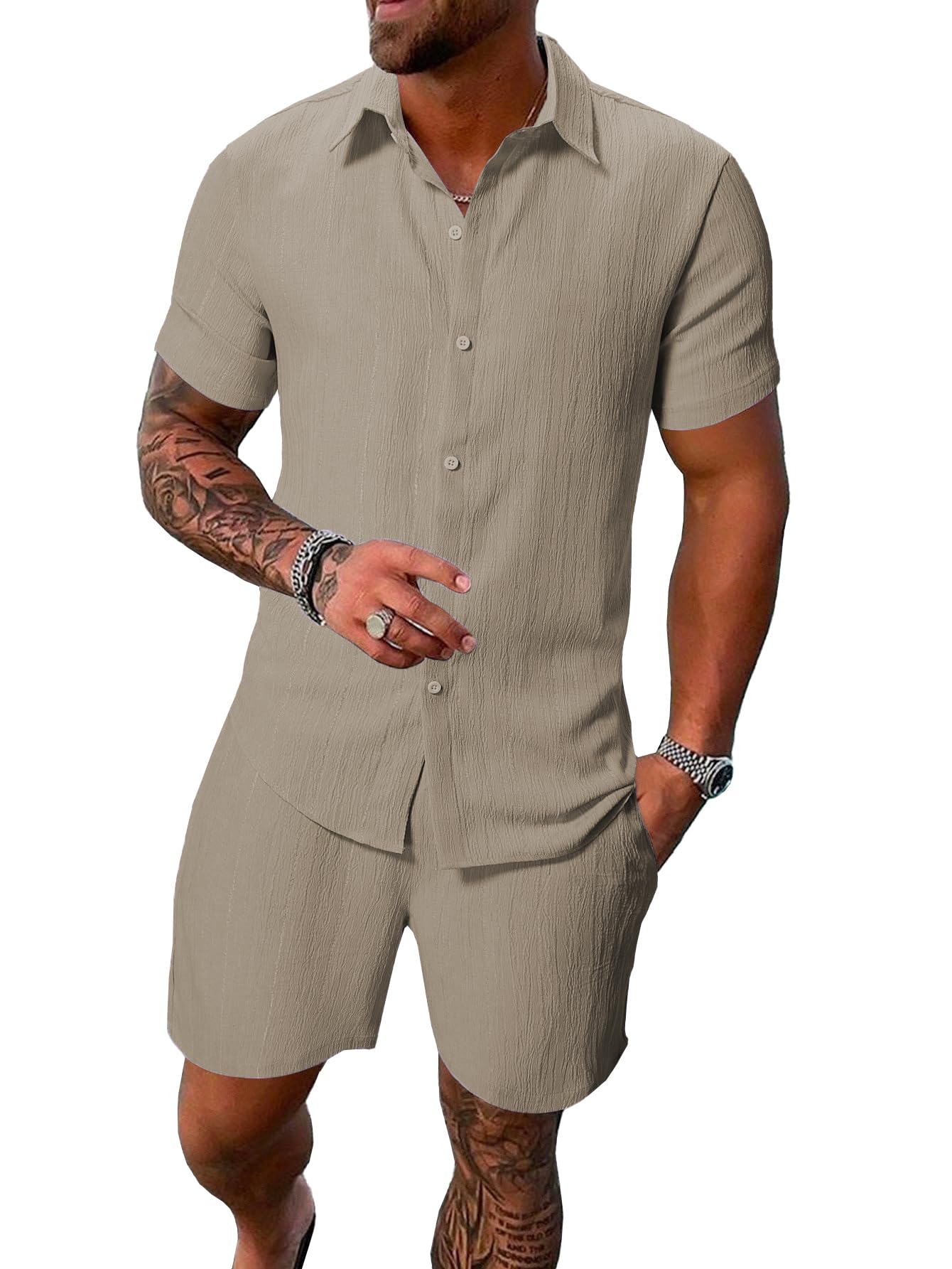 Men's 2-Piece Summer Outfit - Short-Sleeve Shirt and Matching Shorts (Shorts-Pair-2034)