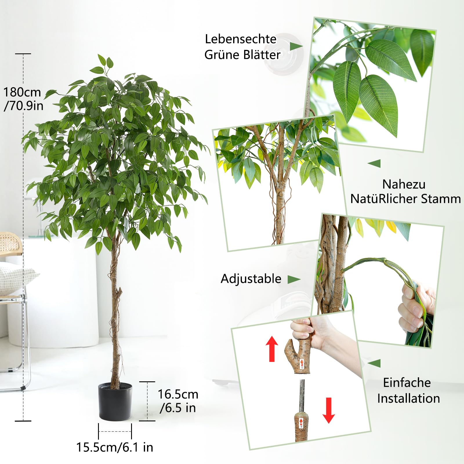 Künstlicher Ficusbaum 122cm – Mit Holzstamm & 420 Blättern, Im Topf Für Wohnzimmer, Büro & Deko