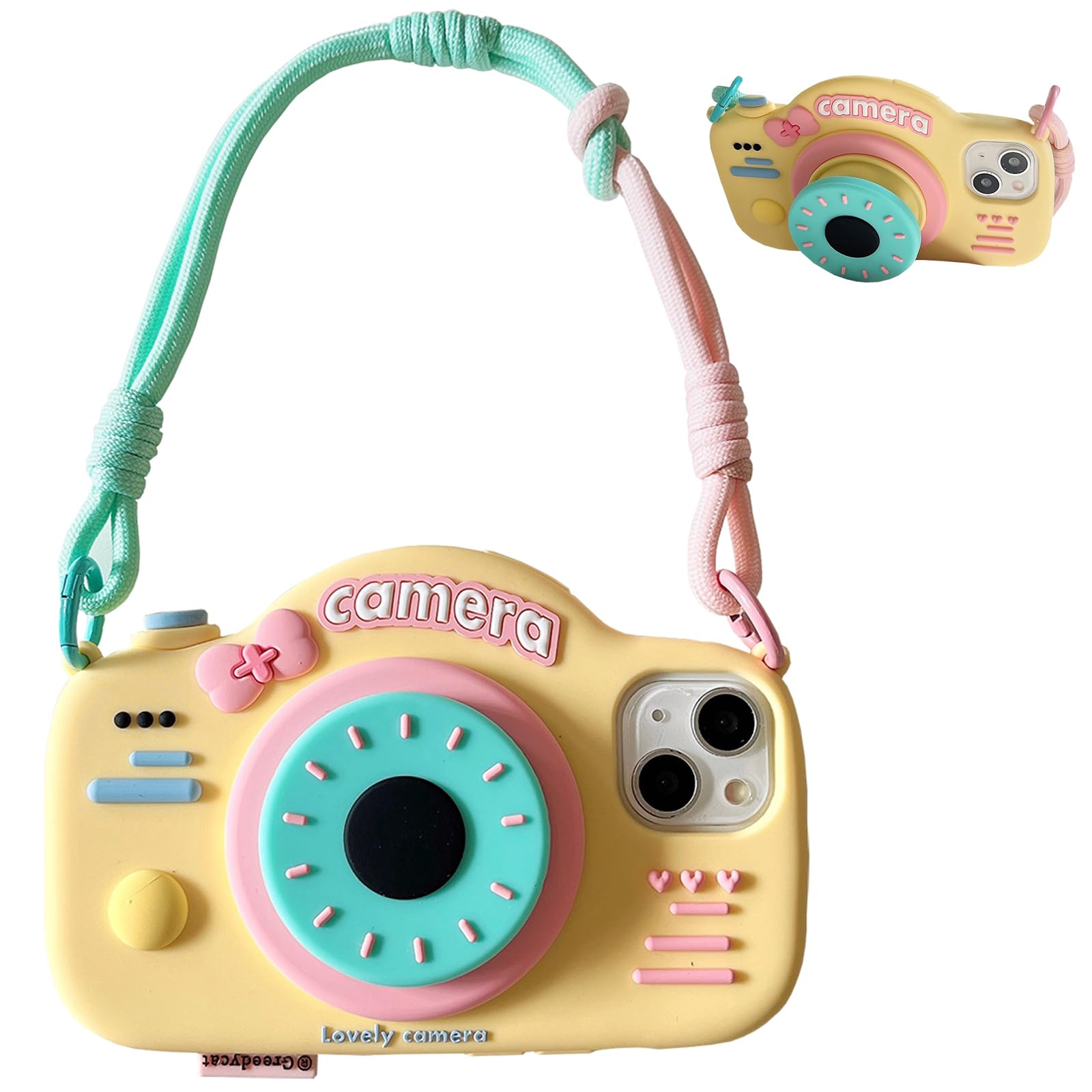 YAKVOOK Bracket Phone Case Compatible with iPhone 16 Pro Max，Cute 3D Cartoon Camera Holder with Wrist Strap Funny Soft Silicone Shockproof Protective