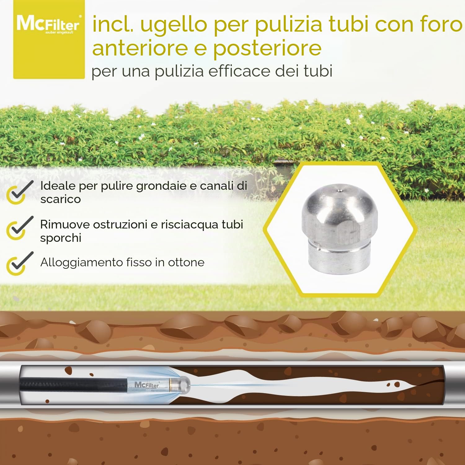 Tubo flessibile per la pulizia dei tubi, 25m, 160-200 bar, adattatore incluso, ugelli rigidi + rotanti, compatibile con le idropulitrici Karcher K2, K3, K4, K5, K6, K7