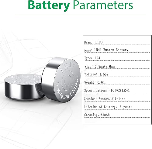 LiCB 10 Pack LR41 AG3 392 384 Battery,Long-Lasting & Leak-Proof,High Capacity 1.5V LR41 Coin & Button Cell Batteries for Digital Thermometer