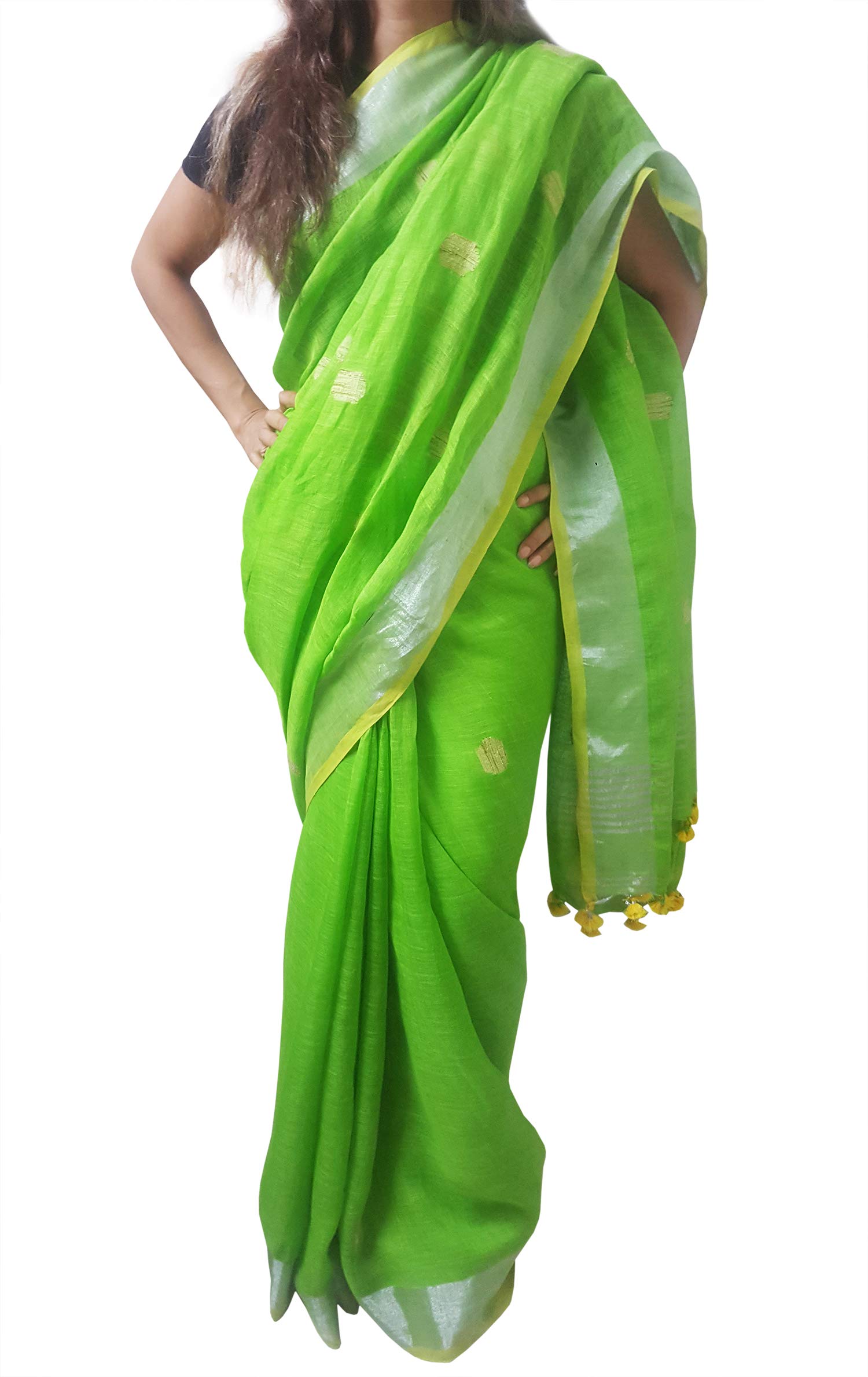 Mehrunnisa Handloom Linen Butta Saree with Zari Border from West Bengal