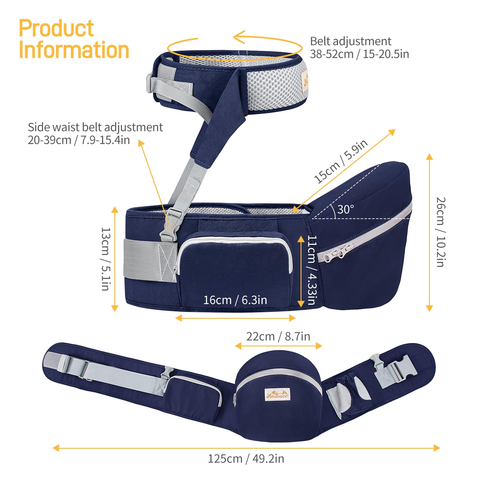 Viedouce Portabebé Ergonómico Asiento de Cadera,con Protección del Cinturón la Seguridad,Algodón Puro Ligero,Taburete de Cintura de Posición Múltiple por Bebé Niños 4-36 Meses(Azul Oscuro)
