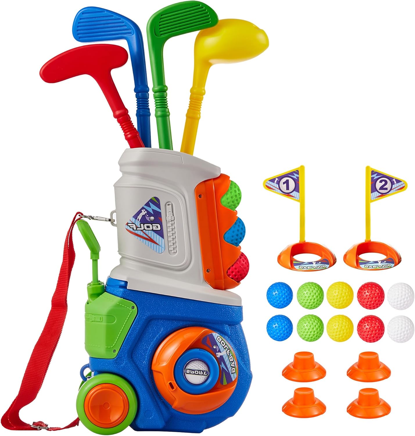 PJG Toddler Golf Set, Plastic Kids Golf Clubs Ages 1 2 3 4 5 Years Old with 4 Golf Clubs and 10 Balls, Indoor and Outdoor Golf Toys with Cart for Toddlers Boys and Girls Birthday Gift
