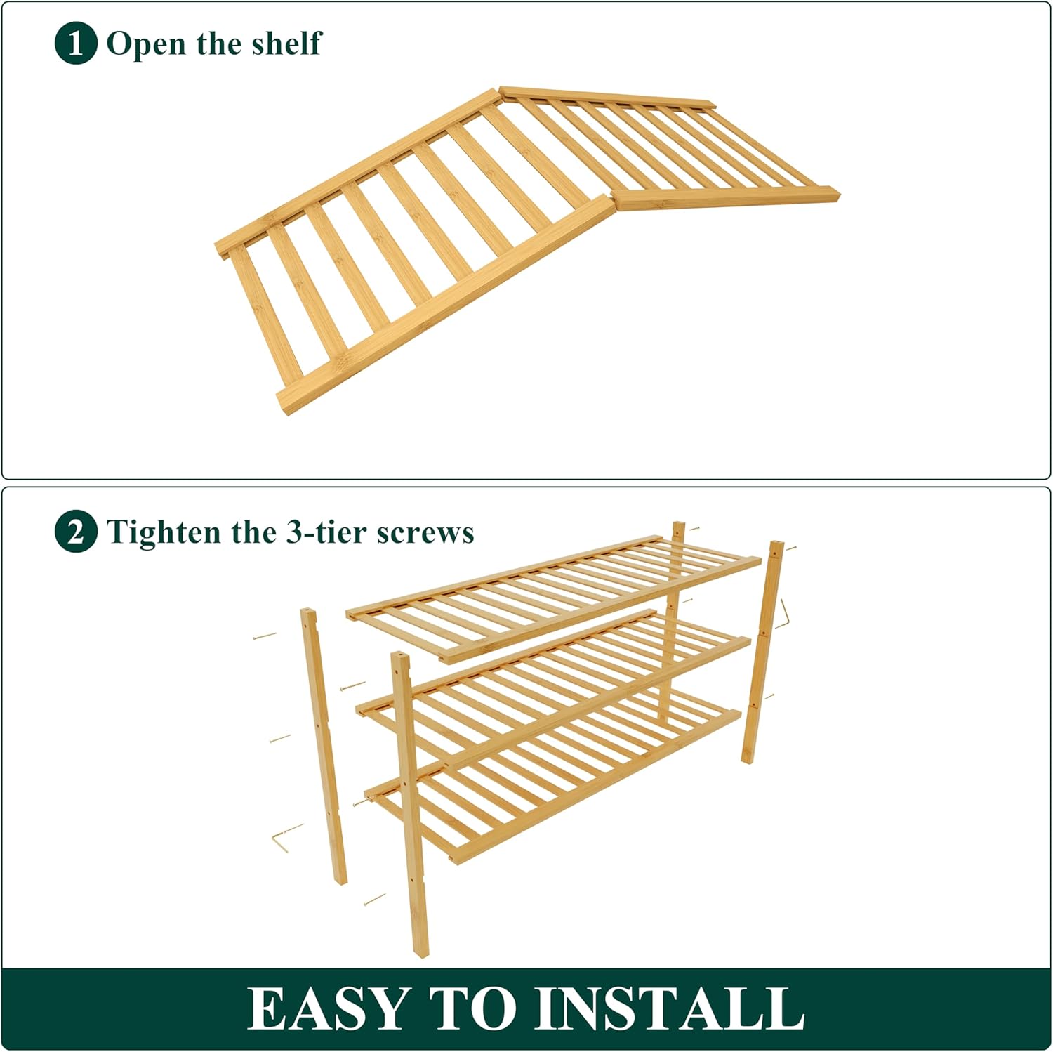 Smiry Bamboo Shoe Rack for Closet, 3 Tier Long Wooden Stackable Shoe Organizer, Free Standing Shoes Storage Shelf for Entryway, Front Door Entrance, Natural
