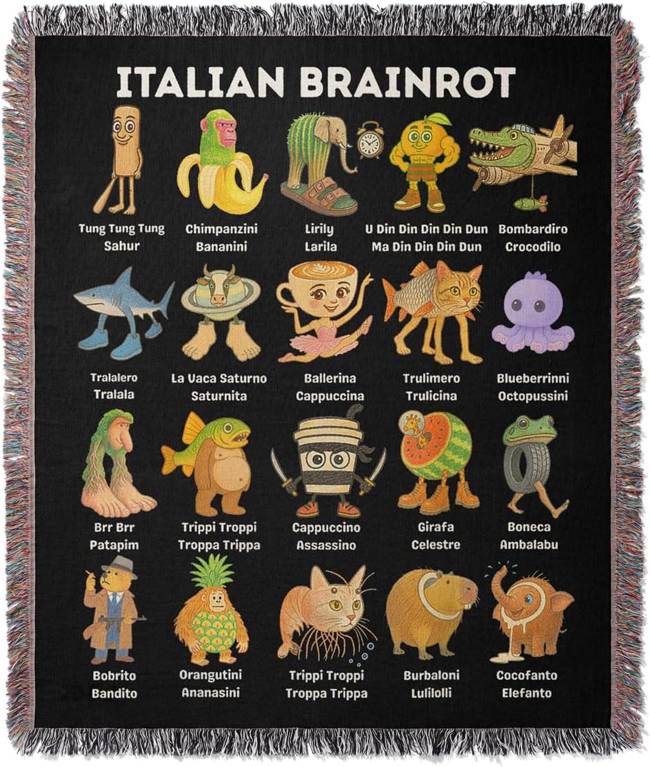 Personalized Italian Brainrot Character Jacquard Fringed Woven Throw Blanket, Custom Tralalero Tralala, Tung Tung Tung Sahur Blanket with Tassel for Wall Hanging, Couch, Bed, Camping