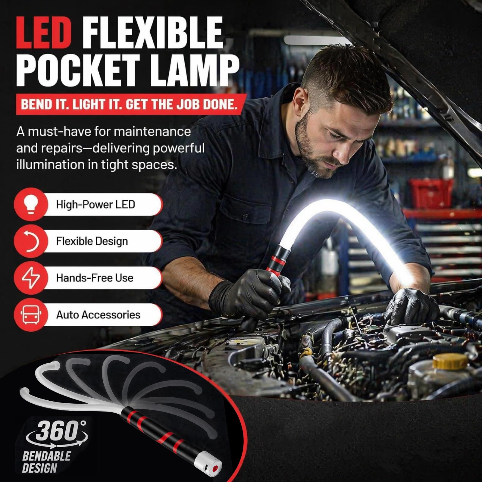 LED Arbeitsleuchte, flexible biegsame LED Taschenlampe mit 3 Helligkeitsstufen, tragbare mechanische Arbeitsleuchte für enge Bereiche, Autoreparaturen und technische Inspektionen im Werkstattbereich
