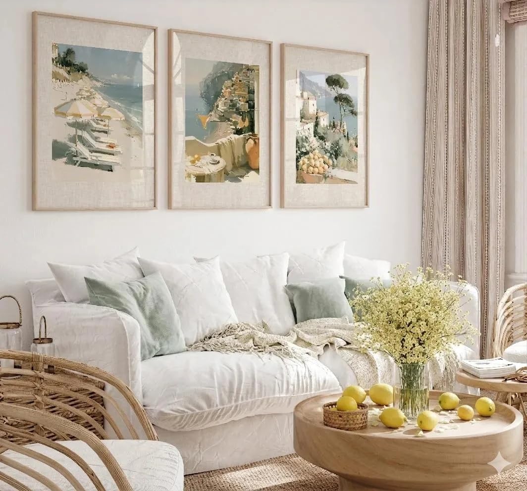 SDVIB Canvas Painting Watercolor Amalfi Coast Canvas Prints, Mediterranean Beach Lemon Wall Art,Muted Tone Trave(50x70cm/3PCS Frameless)