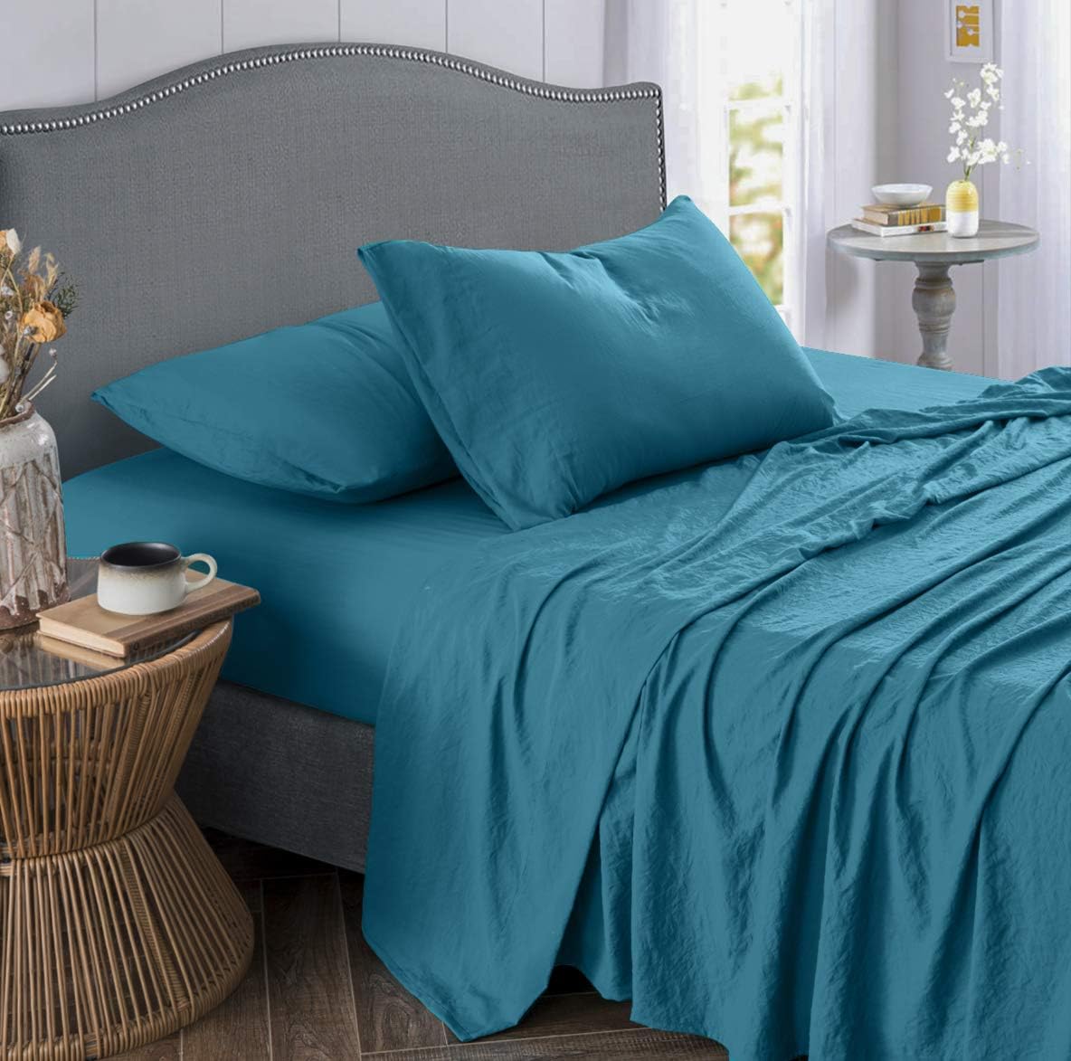 Prewashed Crinkle Sheet Set - Extra Soft Linen Style Microfiber Bed Sheets - Lightweight and Breathable Bed Sheets for All Season Comfort - Deep pocket, Reinforced Elastic Corner Straps