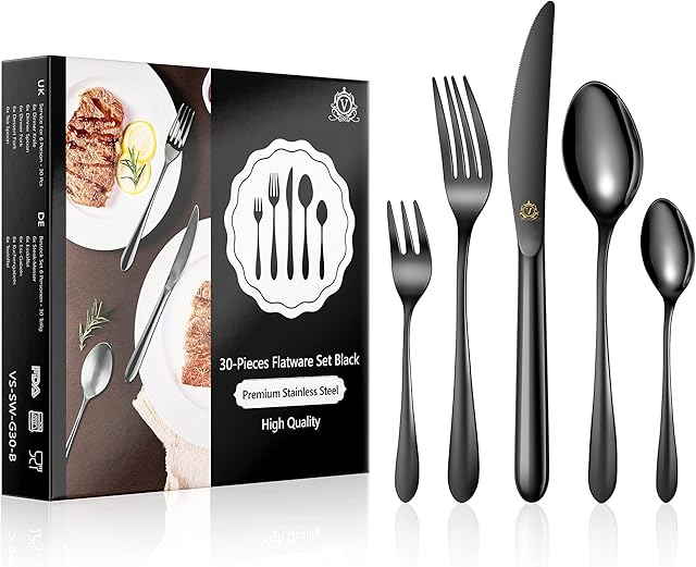 vancasso Cutlery Set for 6 People, 30 Piece Black Knife and Fork Sets, Silverware Flatware Set Includes Forks Spoons Knives, Mirror Polished, for Fancy Kitchen Home Restaurant Party