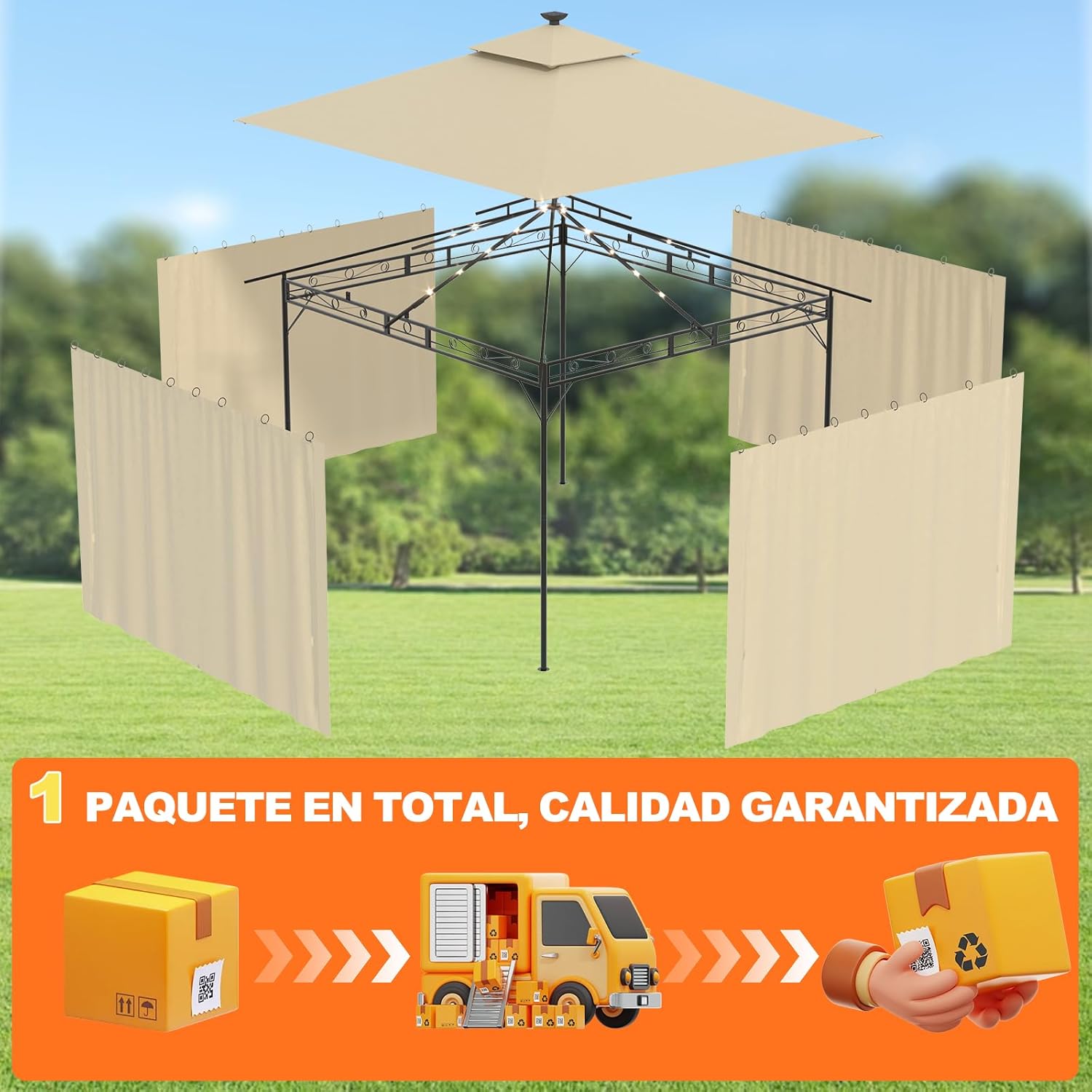 ڌماڪو ٿيو view of the Devoko gazebo components, showing the frame, canopy, and side panels before assembly, with a delivery truck graphic.