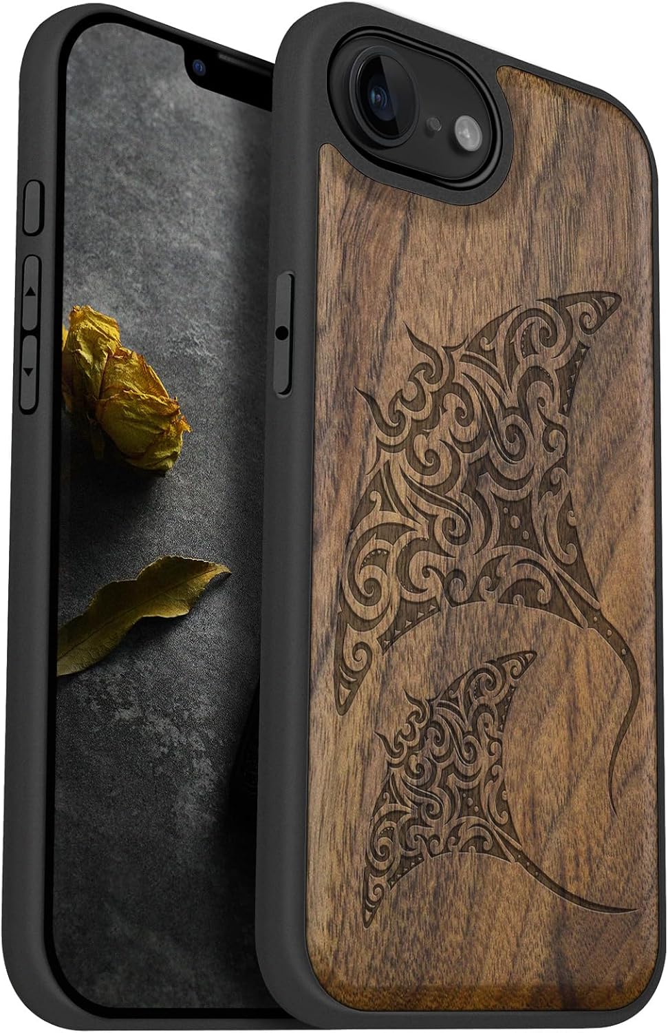 Carveit Magnetic Wooden Case for iPhone 16e / 17e, Solid Wood & Black TPU, Artisan Engraved Design, Shockproof Cover, Compatible with MagSafe Wireless Chargers, Manta Rays - Rosy
