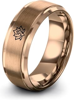 Gift for Spiritual Person - Om Lotus Flower Ring - 8mm - Men Women - Personalized Custom Engraving - Anniversary Wedding - Yellow Rose Gold Silver - Band - Brushed Polished - Tungsten - Flat Dome Beve