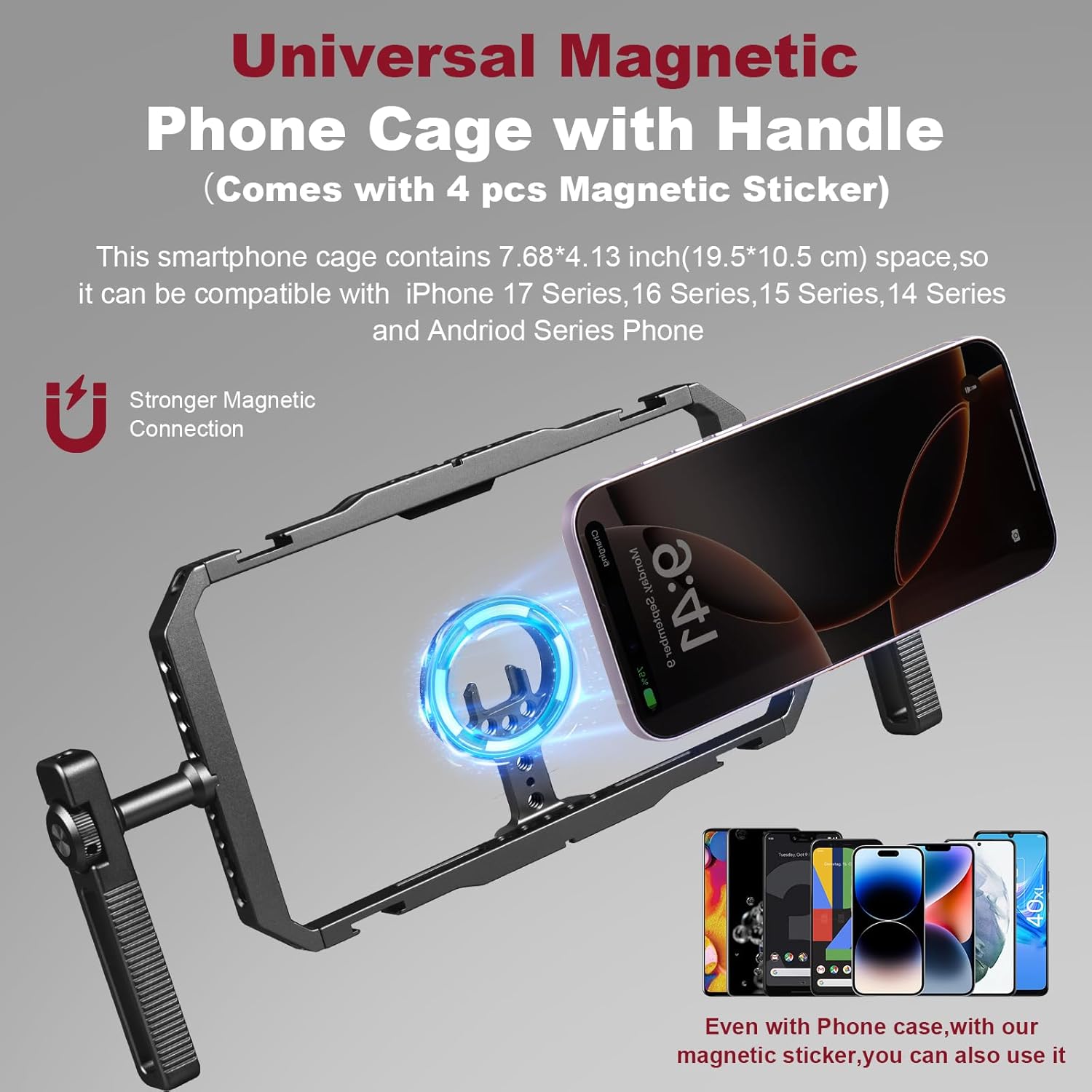 Magnetic Phone Cage with Handle,Smartphone Cage Kit with 360° Rotation Handgrip and Magnetic Sticker for Photography,Compatible with iPhone 17/16/15/14/13 Series and Andriod Phones (Black)