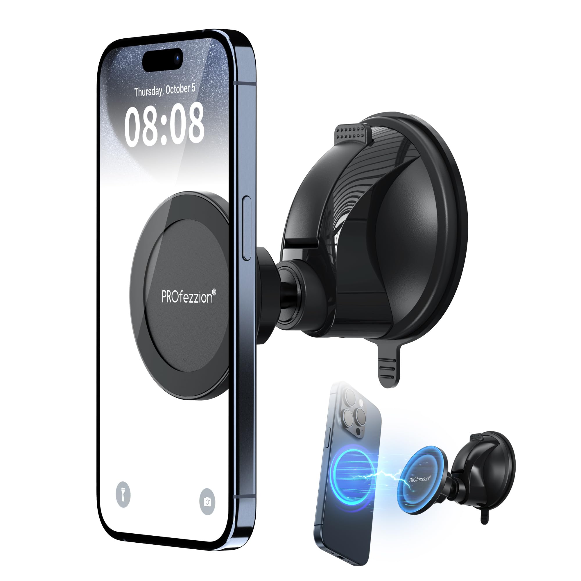 PROfezzion Handyhalterung Spiegel mit Saugnapf, Handy Halterung Magnet für Dusche, Spiegel Wand, Fenster, Spiegelglas, Gläser, Glas, Badezimmer, Küche für iPhone 17/16/15/14/13 Pro Max & alle Handys