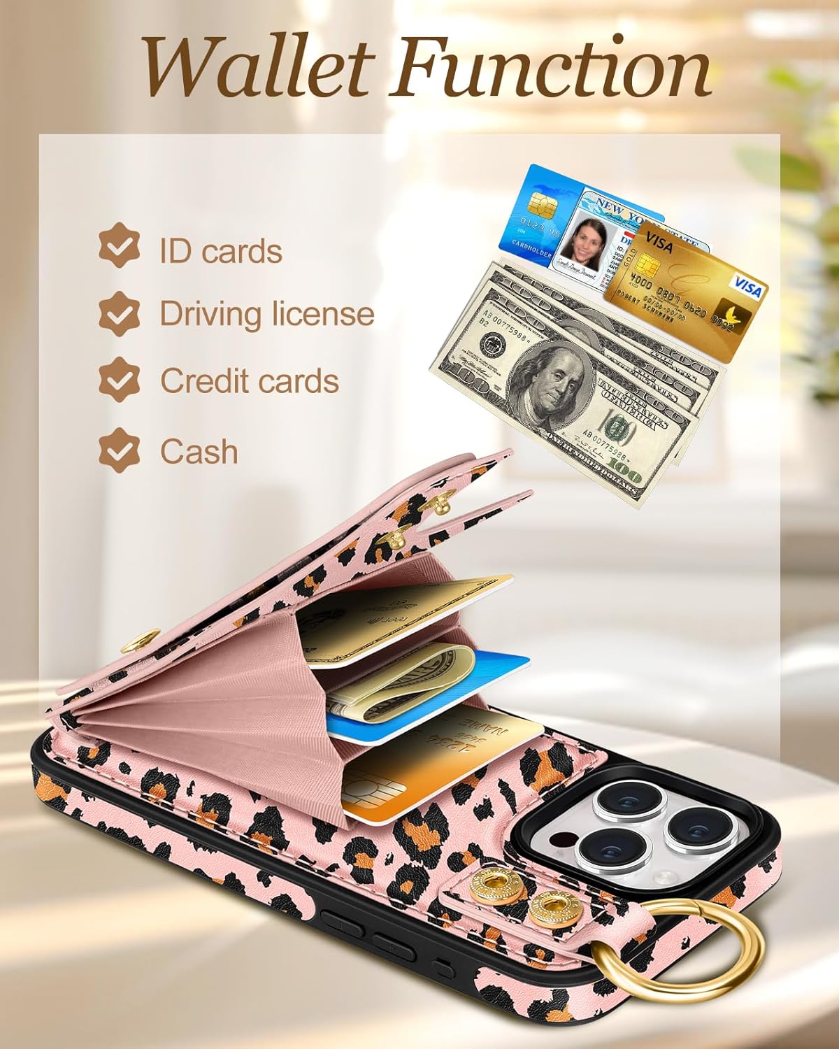 Petitian for iPhone 15 Pro Max Case with Wallet - Women Girls Cute Girly Aesthetic Unique Design with Leather Credit Card Holder Cardholder Stand Wristband for Apple 15 Promax, Baowen - Image 3